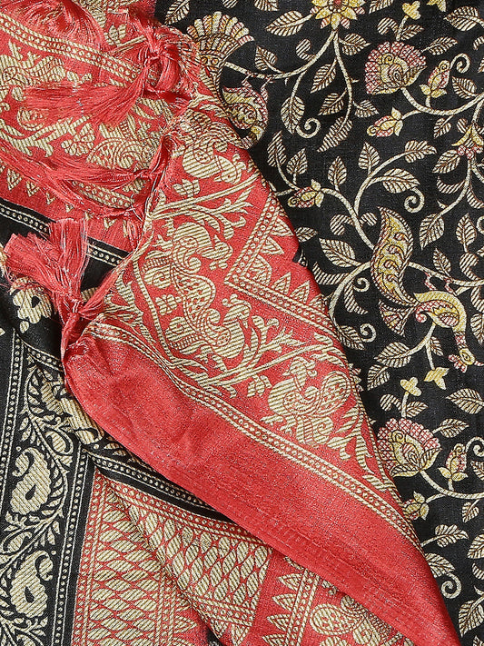 Black & Coral Floral Printed Art Silk Dupatta