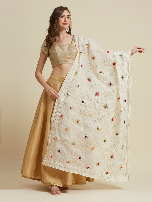 Off White Dupatta with Multicoloured Pom Poms and Gotta.