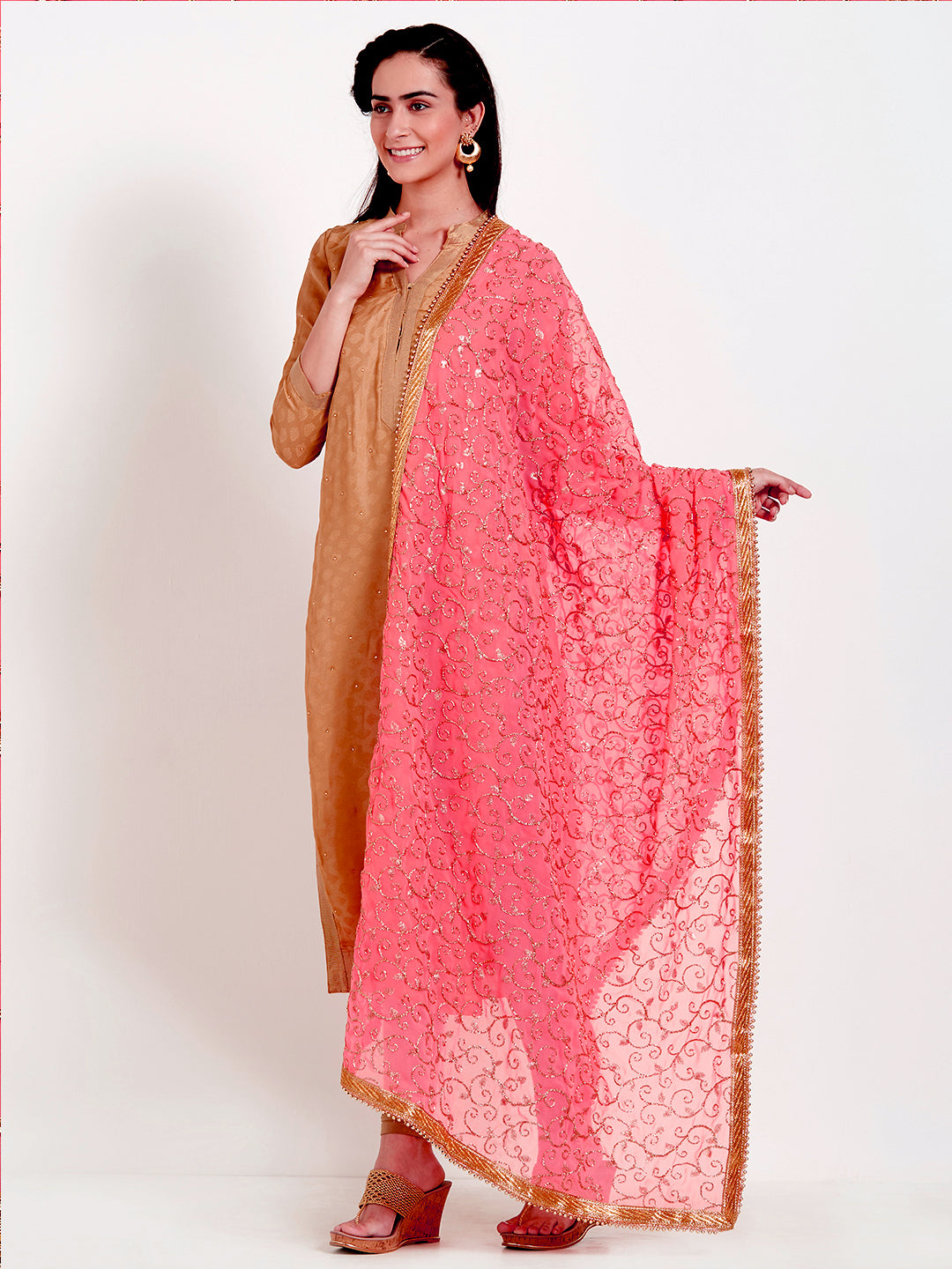 Dupatta Bazaar Woman's Coral & Gold Embroidered Georgette Dupatta - Dupatta Bazaar