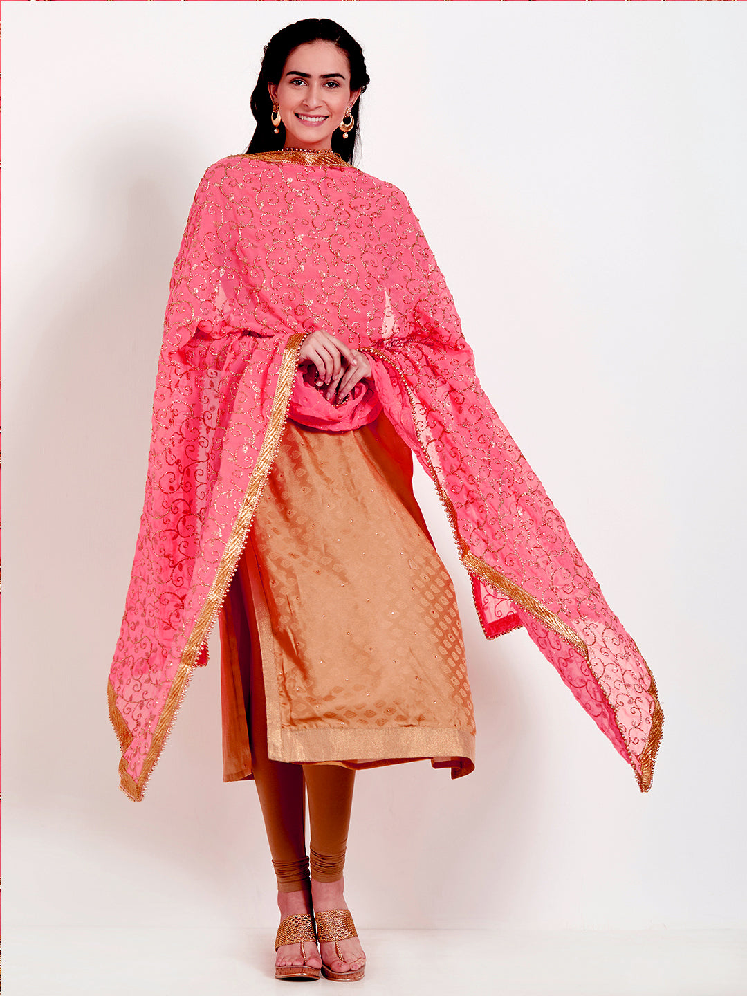 Dupatta Bazaar Woman's Coral & Gold Embroidered Georgette Dupatta - Dupatta Bazaar