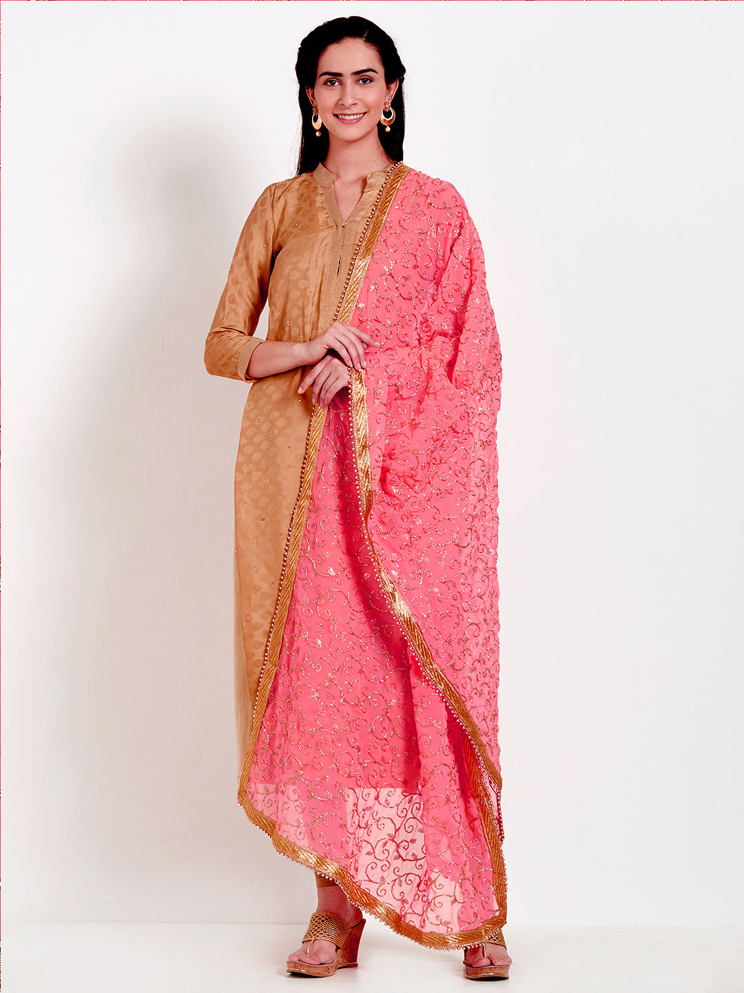 Dupatta Bazaar Woman's Coral & Gold Embroidered Georgette Dupatta - Dupatta Bazaar