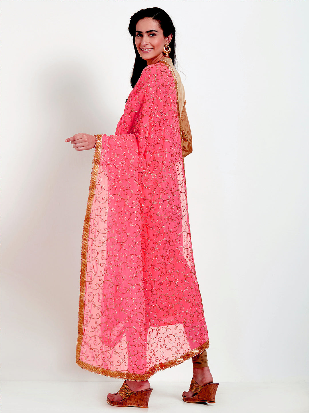 Dupatta Bazaar Woman's Coral & Gold Embroidered Georgette Dupatta - Dupatta Bazaar