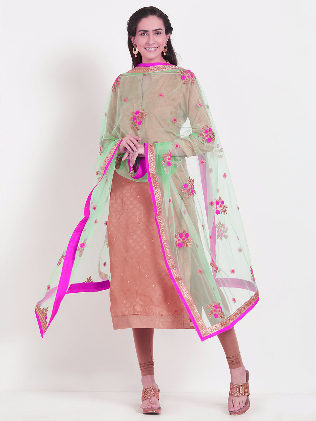Dupatta Bazaar Woman's Mint Green & Multicolour flower Embroidered Net Dupatta - Dupatta Bazaar