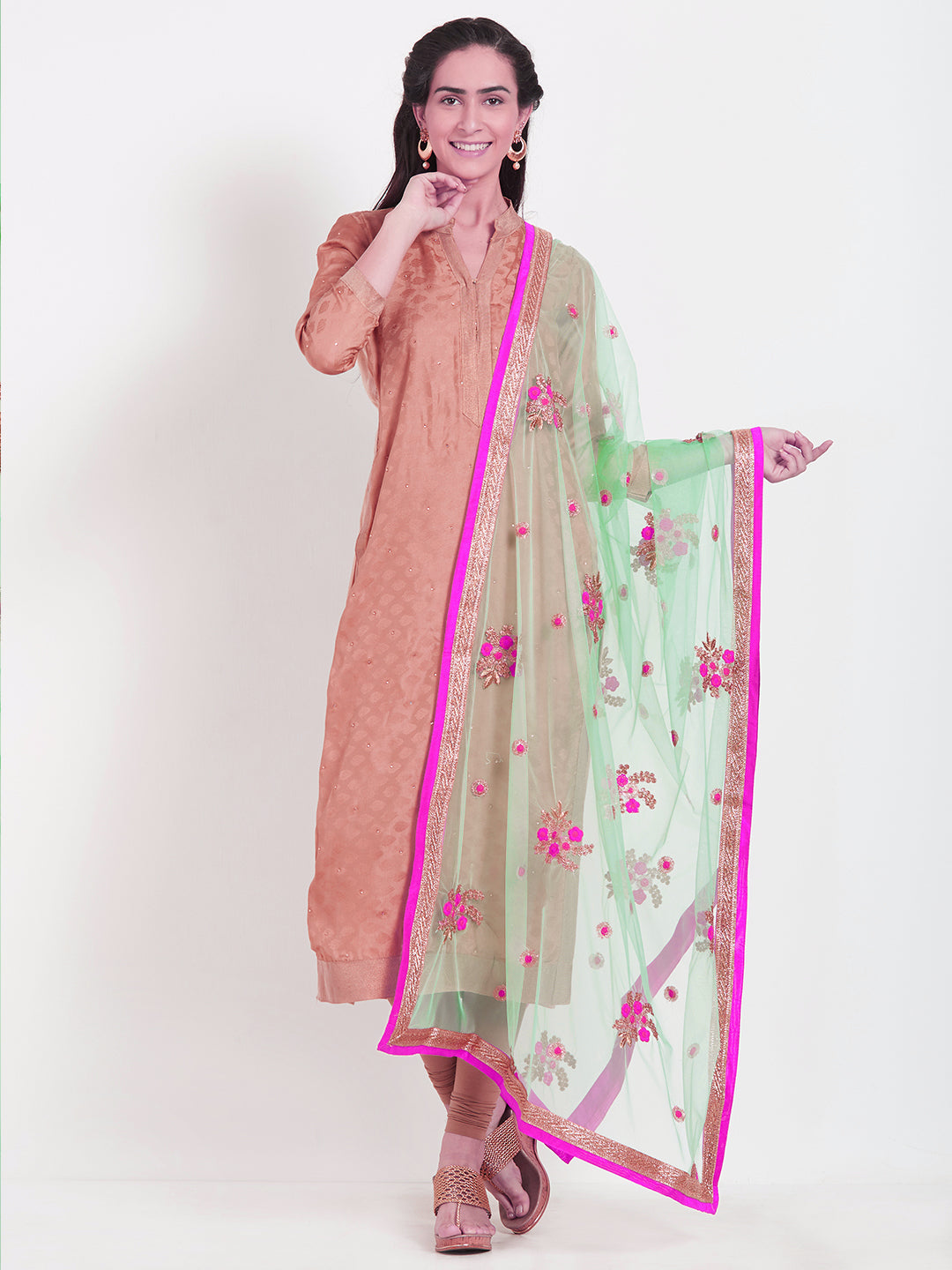 Dupatta Bazaar Woman's Mint Green & Multicolour flower Embroidered Net Dupatta - Dupatta Bazaar