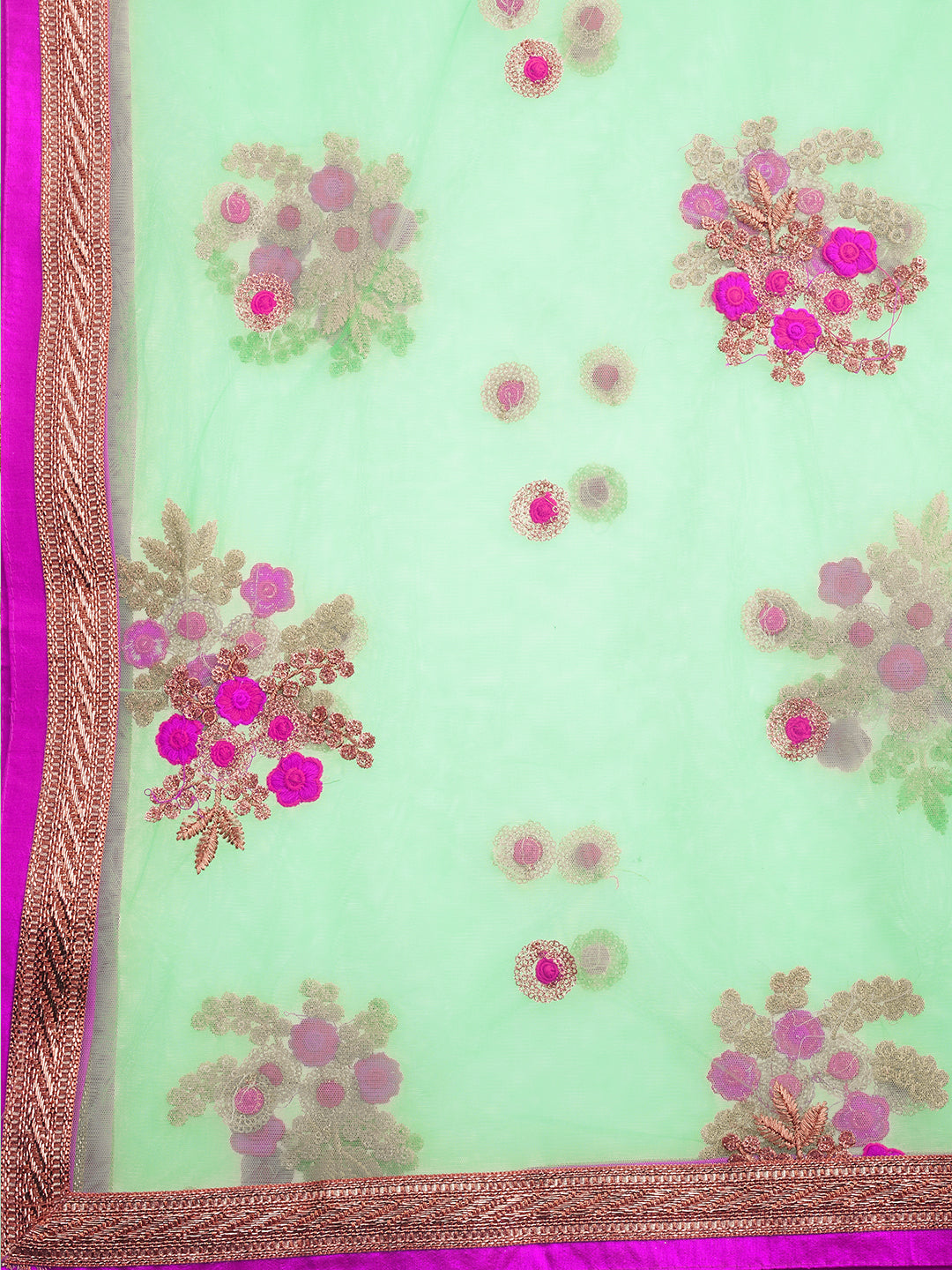 Dupatta Bazaar Woman's Mint Green & Multicolour flower Embroidered Net Dupatta - Dupatta Bazaar