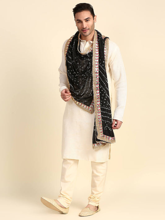 Men's Black Bandhini Dupatta for Kurta/Sherwani/Achkan