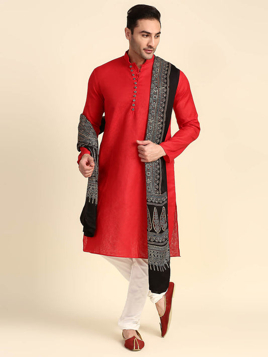 Dupatta Bazaar Men's Black Ajrakh Dupatta for Kurta/Sherwani/Achkan
