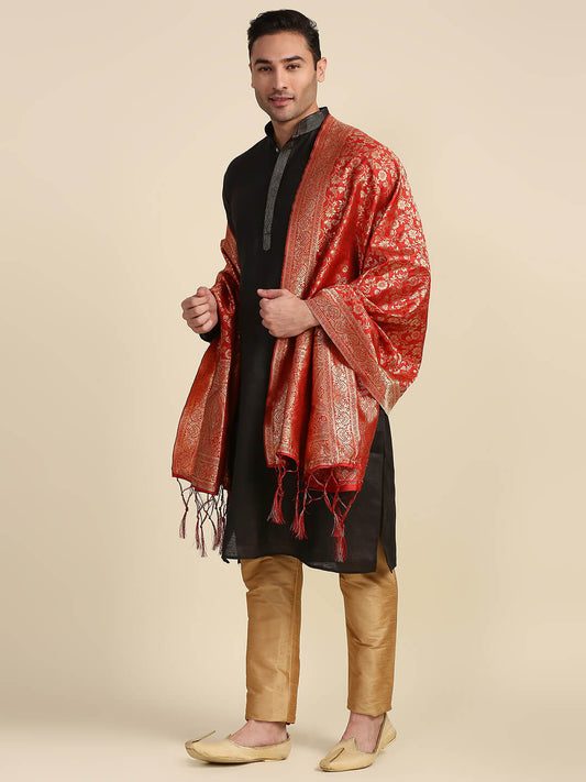 Men's Red Banarasi Silk Dupatta for Kurta/Sherwani/Achkan