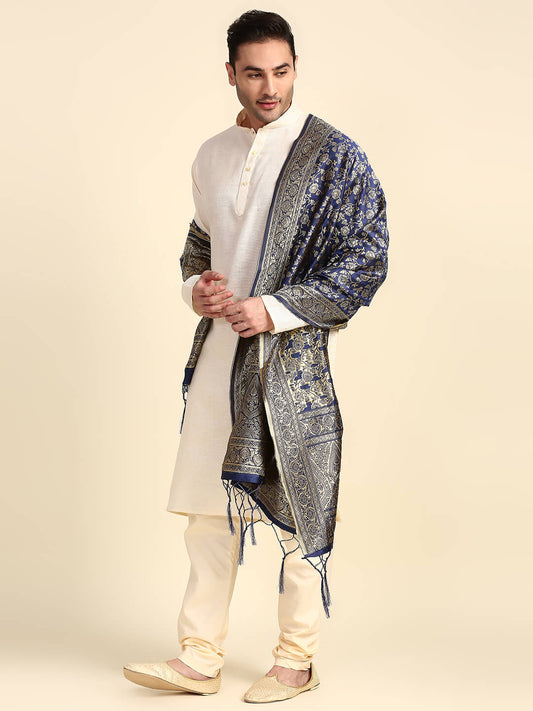 Men's Navy Blue Banarasi Silk Dupatta for Kurta/Sherwani/Achkan