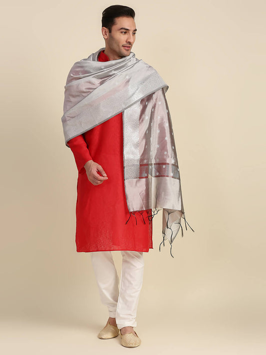 Men's Silver Banarasi Silk Dupatta for Kurta/Sherwani/Achkan