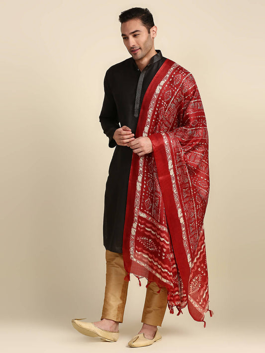 Men's Maroon Printed Silk Dupatta for Kurta/Sherwani/Achkan