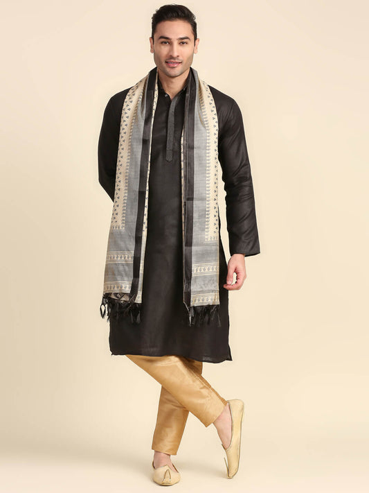 Men's Beige Printed Silk Dupatta for Kurta/Sherwani/Achkan