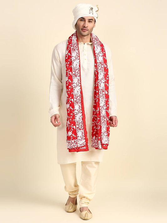 Men's Red & White Parsi Gara Work Dupatta for Kurta/Sherwani/Achkan
