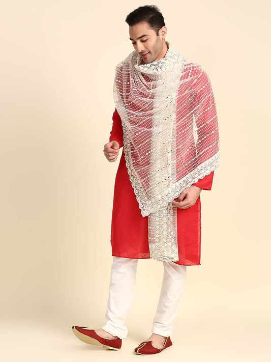 Men's Off White Mirror Work Net Dupatta for Kurta/Sherwani/Achkan