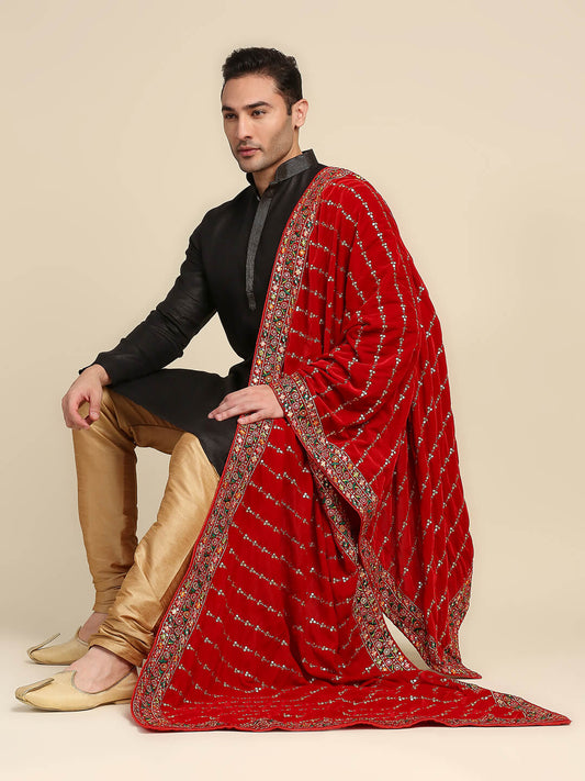 Men's Red Velvet Embroidered Dupatta for Kurta/Sherwani/Achkan