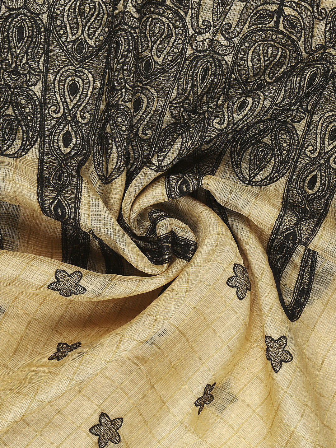 Dupatta Bazaar Woman's Supernet Cotton Silk Beige & Black dupatta with all over Embroidery. - Dupatta Bazaar