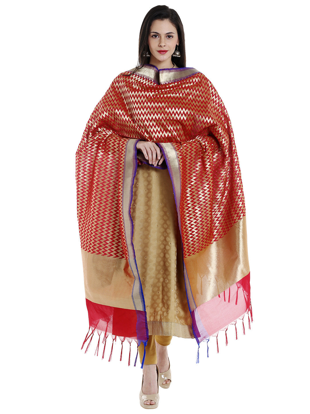 Dupatta Bazaar Woman's Red & Gold Woven Banarasi Silk  Dupatta - Dupatta Bazaar