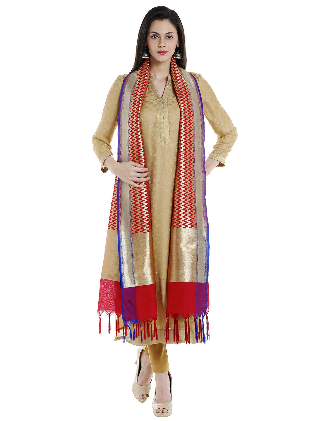 Dupatta Bazaar Woman's Red & Gold Woven Banarasi Silk  Dupatta - Dupatta Bazaar