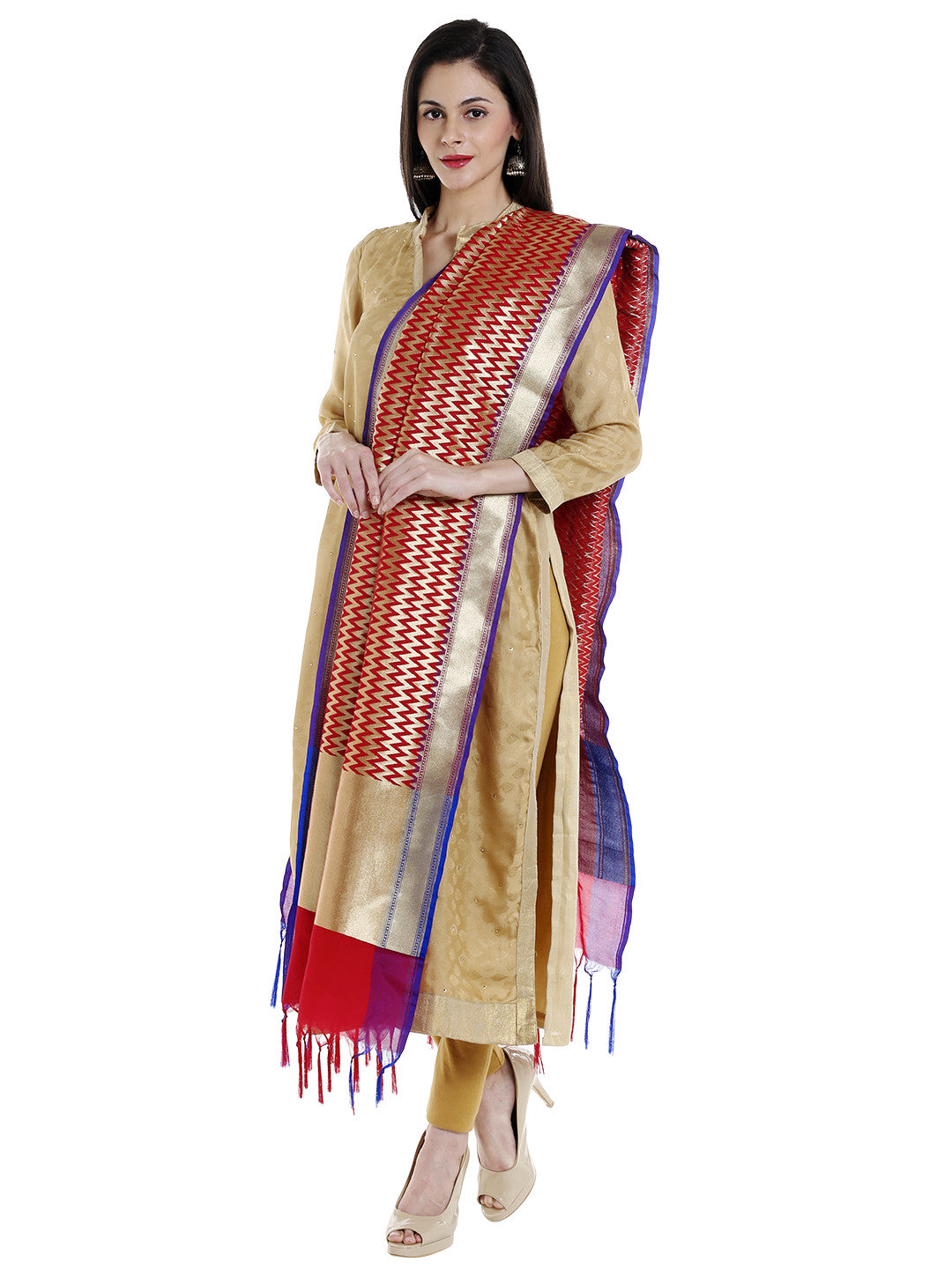 Dupatta Bazaar Woman's Red & Gold Woven Banarasi Silk  Dupatta - Dupatta Bazaar