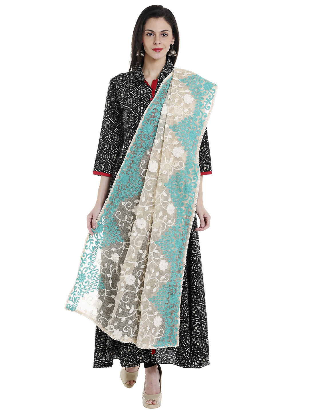 Dupatta Bazaar Woman's Ivory  & Aqua Blue Cotton Net Dupatta with all over Embroidery. - Dupatta Bazaar