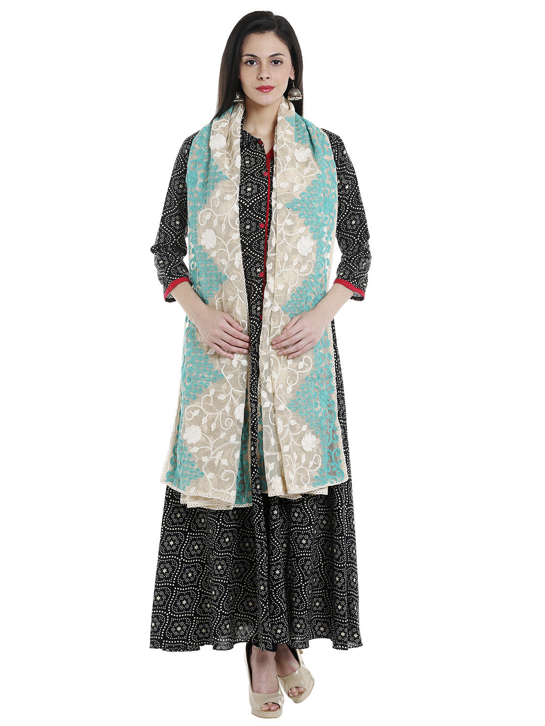 Dupatta Bazaar Woman's Ivory  & Aqua Blue Cotton Net Dupatta with all over Embroidery. - Dupatta Bazaar