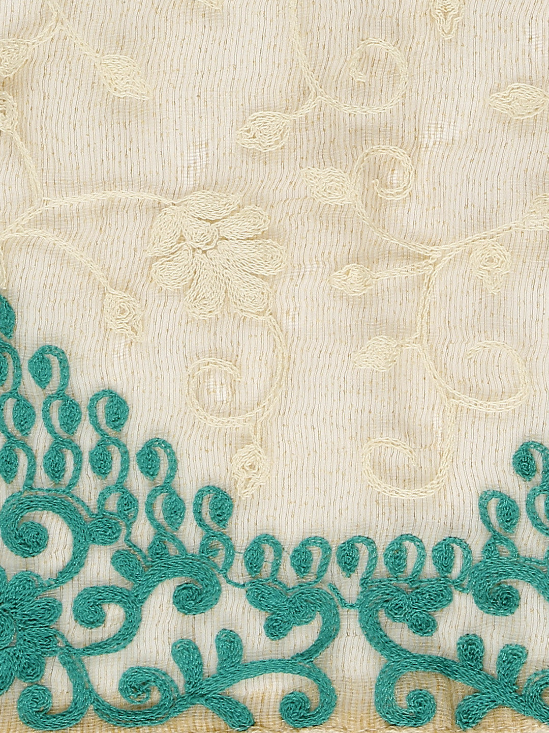 Dupatta Bazaar Woman's Ivory  & Aqua Blue Cotton Net Dupatta with all over Embroidery. - Dupatta Bazaar