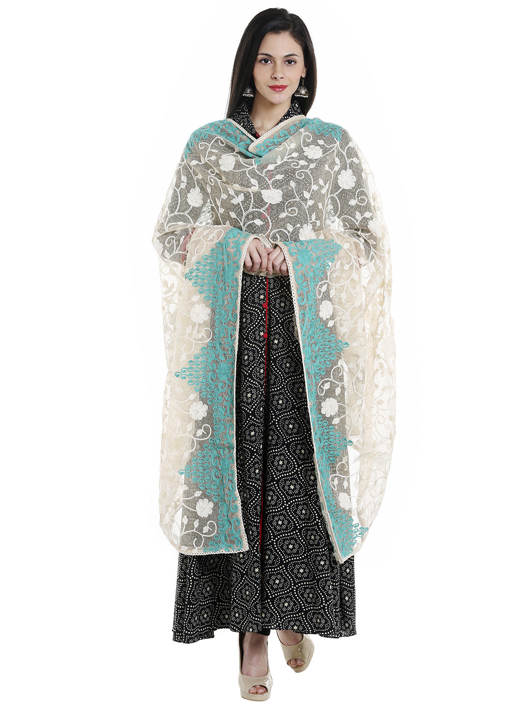 Dupatta Bazaar Woman's Ivory  & Aqua Blue Cotton Net Dupatta with all over Embroidery. - Dupatta Bazaar