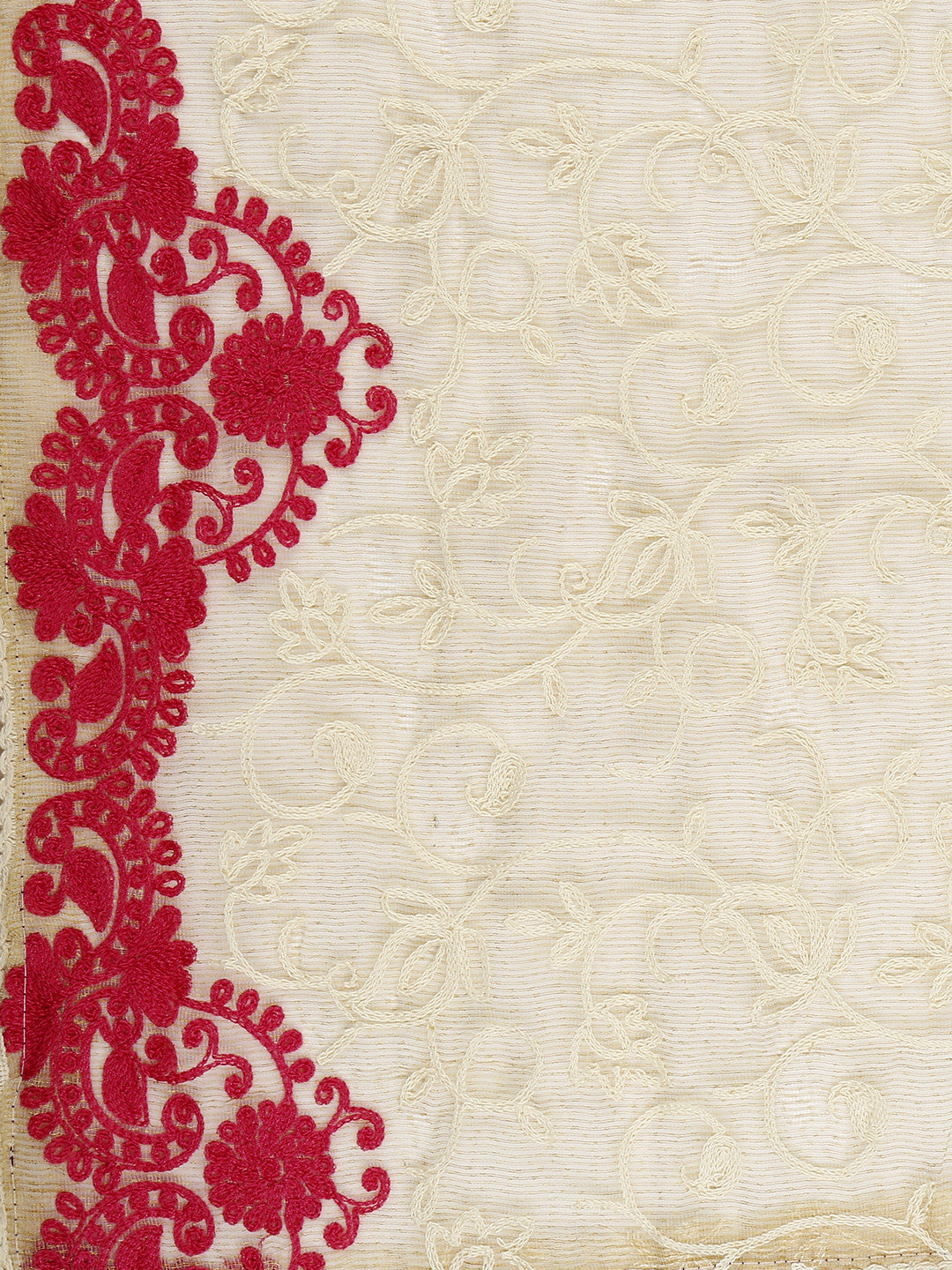 Dupatta Bazaar Woman's Ivory & Pink Cotton Net Dupatta with all over Embroidery. - Dupatta Bazaar