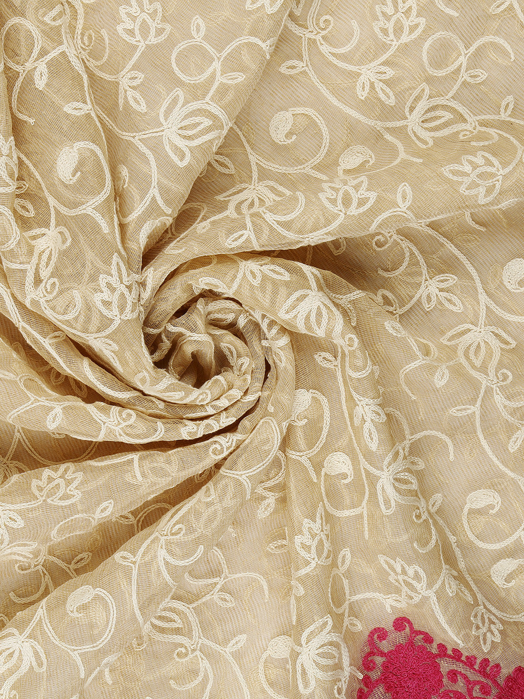Dupatta Bazaar Woman's Ivory & Pink Cotton Net Dupatta with all over Embroidery. - Dupatta Bazaar