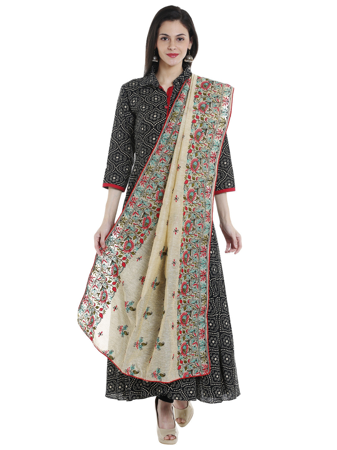 Dupatta Bazaar Woman's Ivory & Multicolour Cotton Silk Dupatta with all over Embroidery. - Dupatta Bazaar