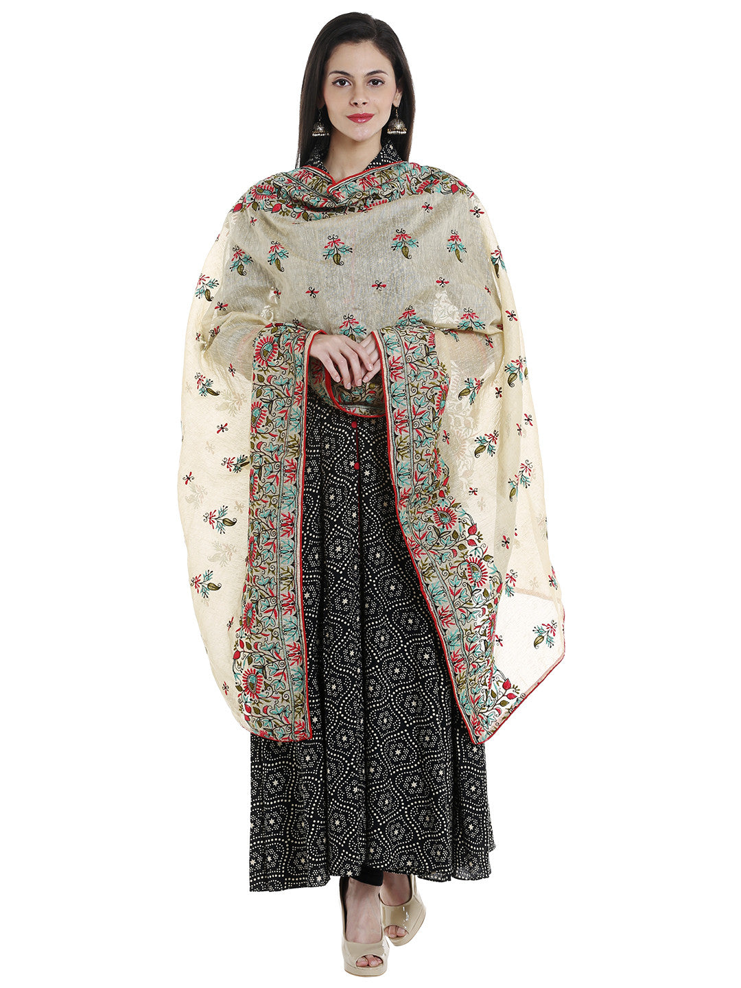 Dupatta Bazaar Woman's Ivory & Multicolour Cotton Silk Dupatta with all over Embroidery. - Dupatta Bazaar