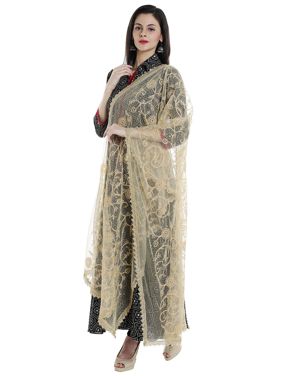 Dupatta Bazaar Women's Embroidered Gold Net Dupatta - Dupatta Bazaar