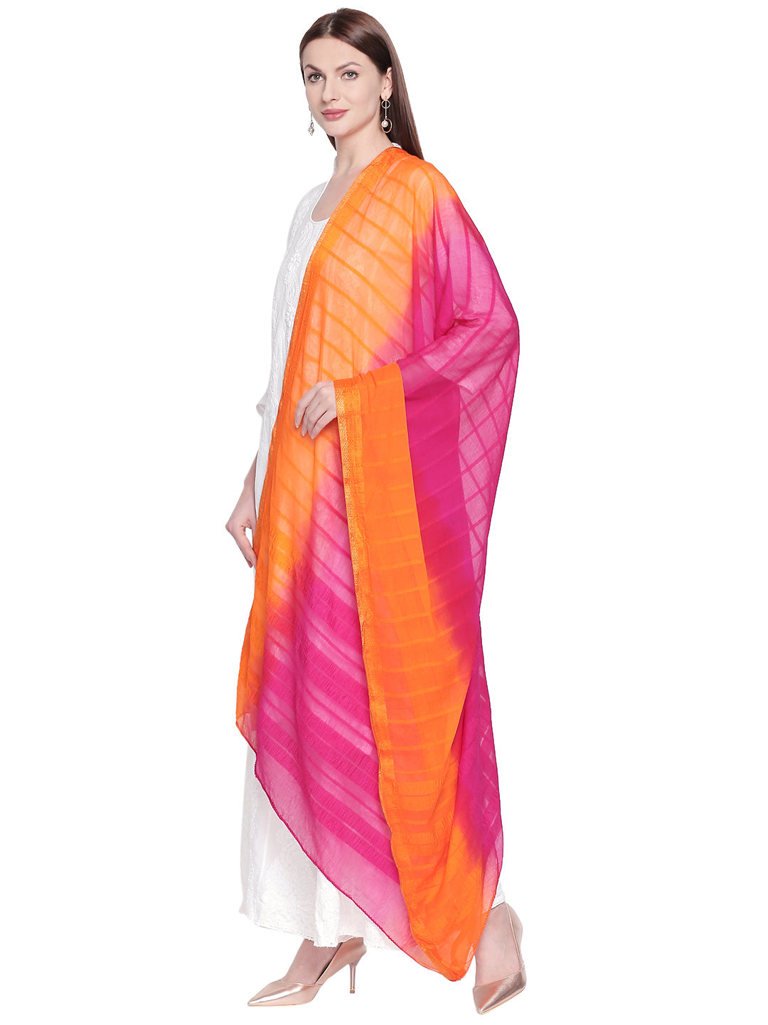 Dupatta Bazaar Woman's Rani Pink & Orange shaded chiffon dupatta - Dupatta Bazaar