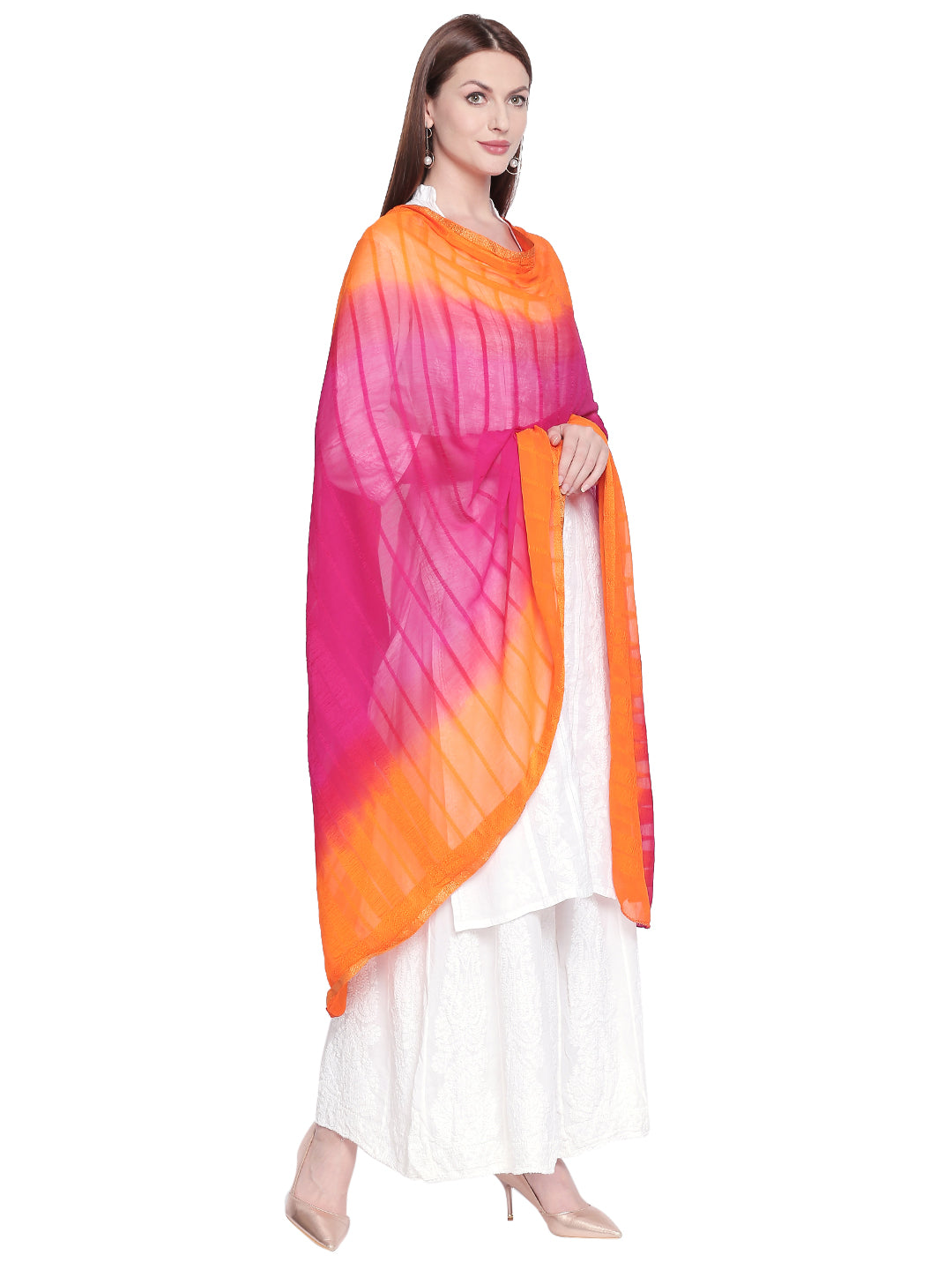 Dupatta Bazaar Woman's Rani Pink & Orange shaded chiffon dupatta - Dupatta Bazaar