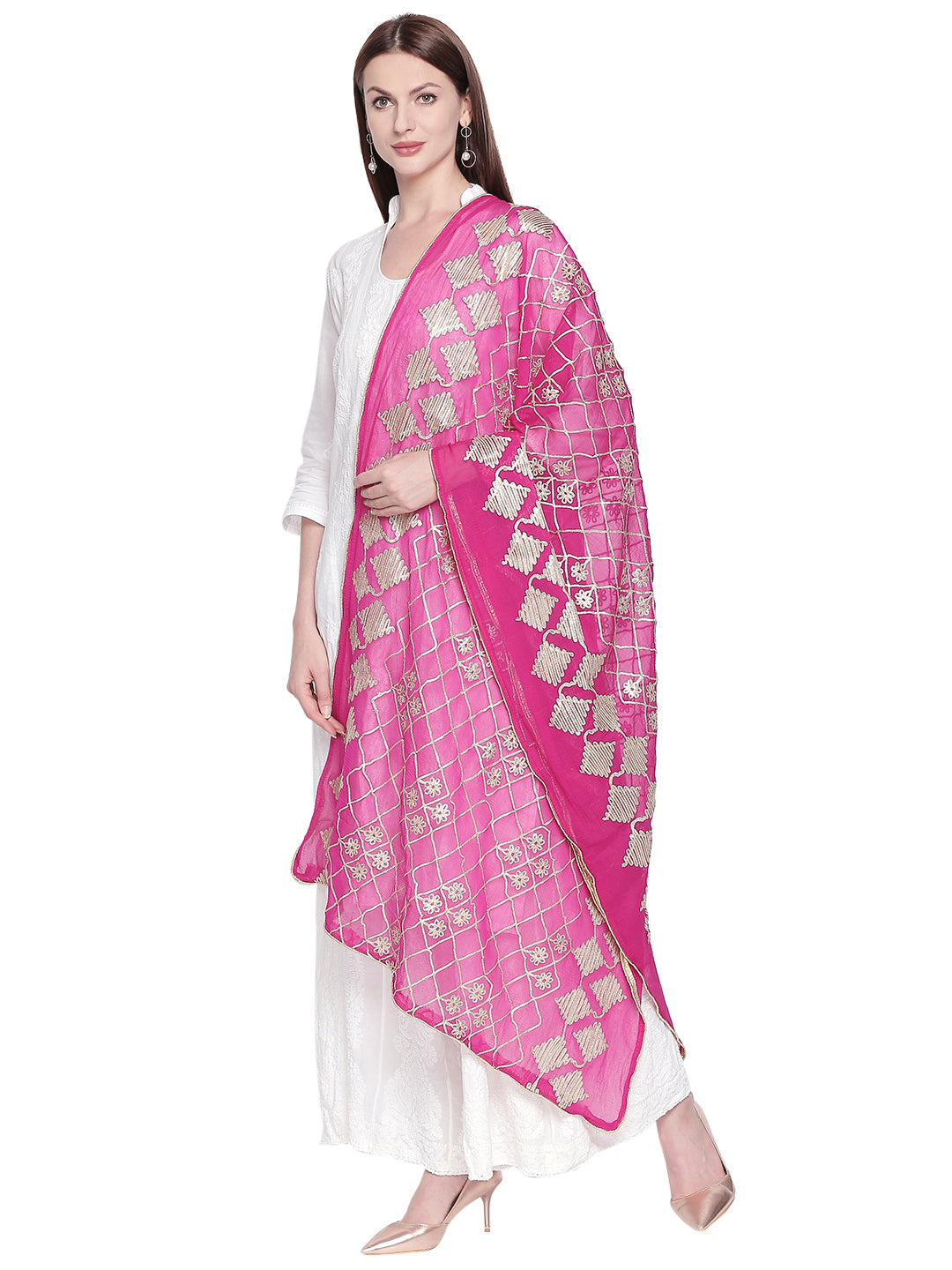 Dupatta Bazaar Woman's Pink Chiffon Dupatta with Gotta Work - Dupatta Bazaar
