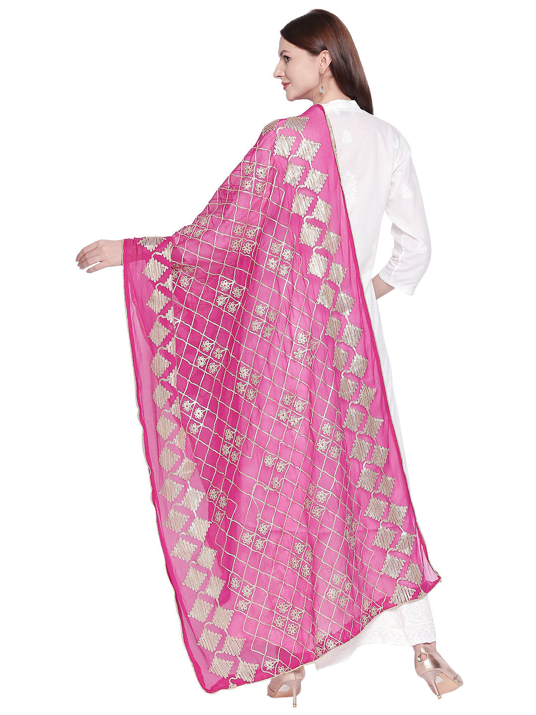Dupatta Bazaar Woman's Pink Chiffon Dupatta with Gotta Work - Dupatta Bazaar