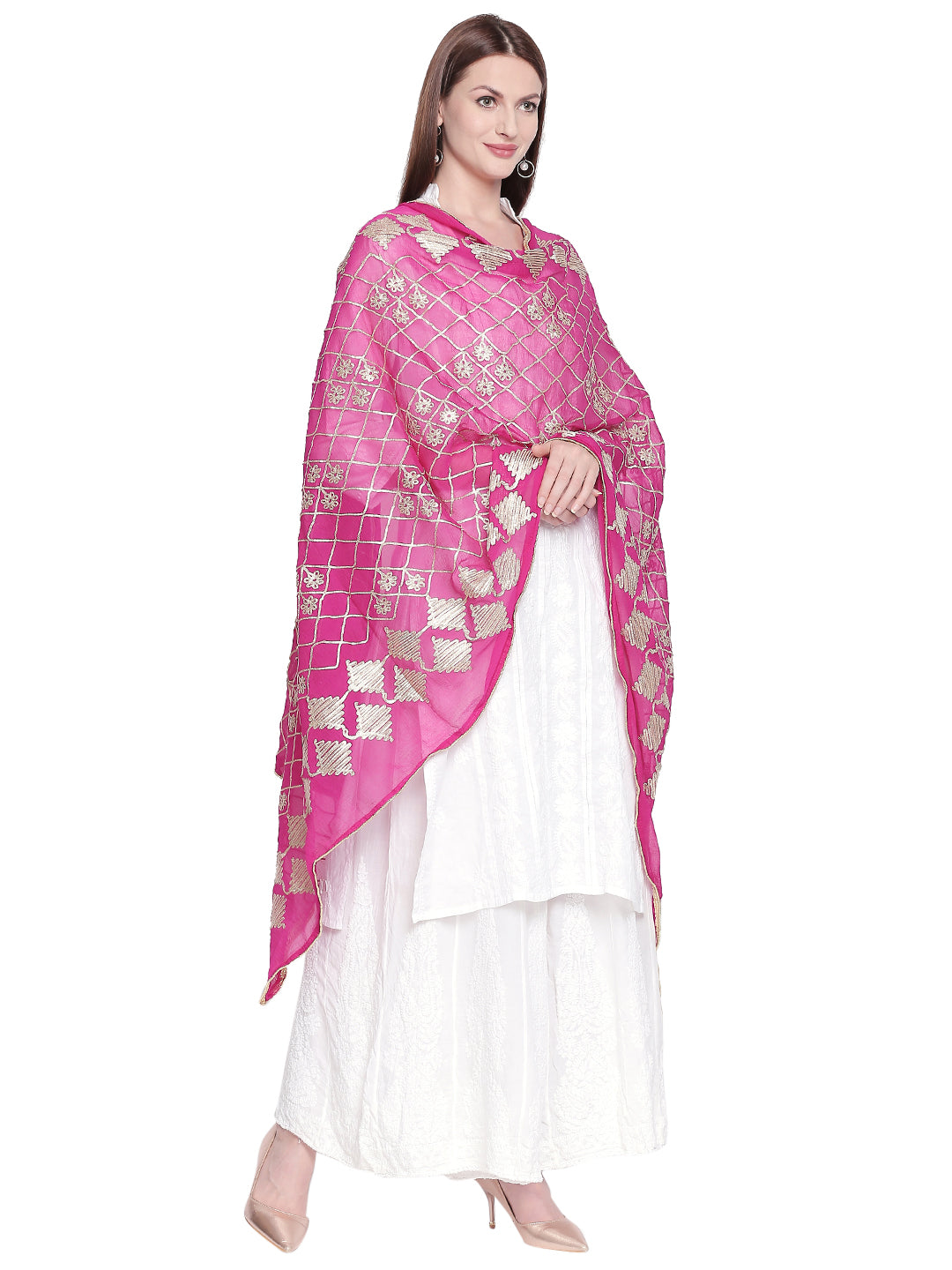 Dupatta Bazaar Woman's Pink Chiffon Dupatta with Gotta Work - Dupatta Bazaar