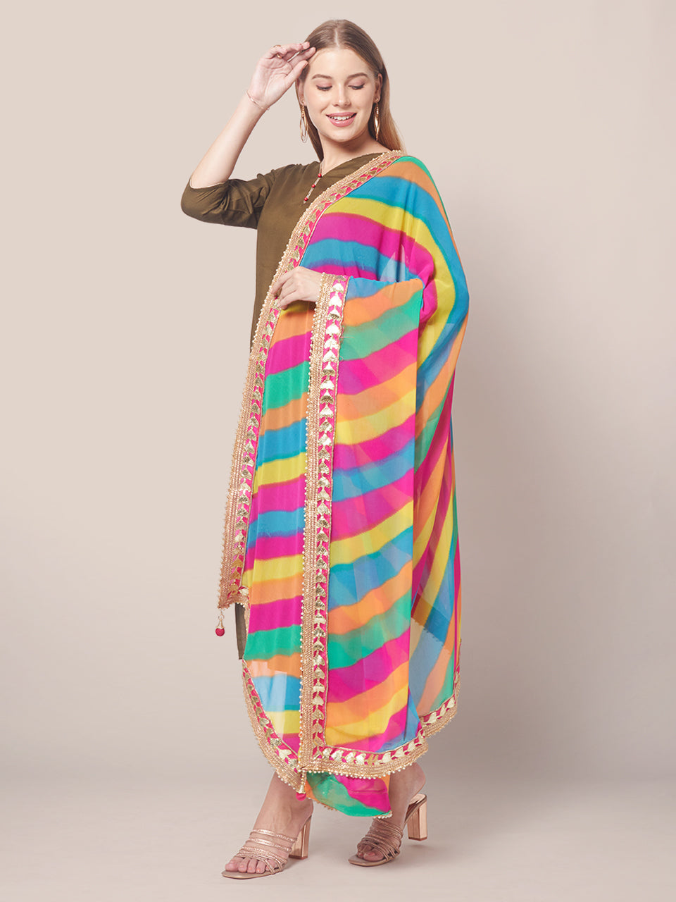 Georgette dupatta with Multi Colour Stripes and Gotta Patti border freeshipping - Dupatta Bazaar
