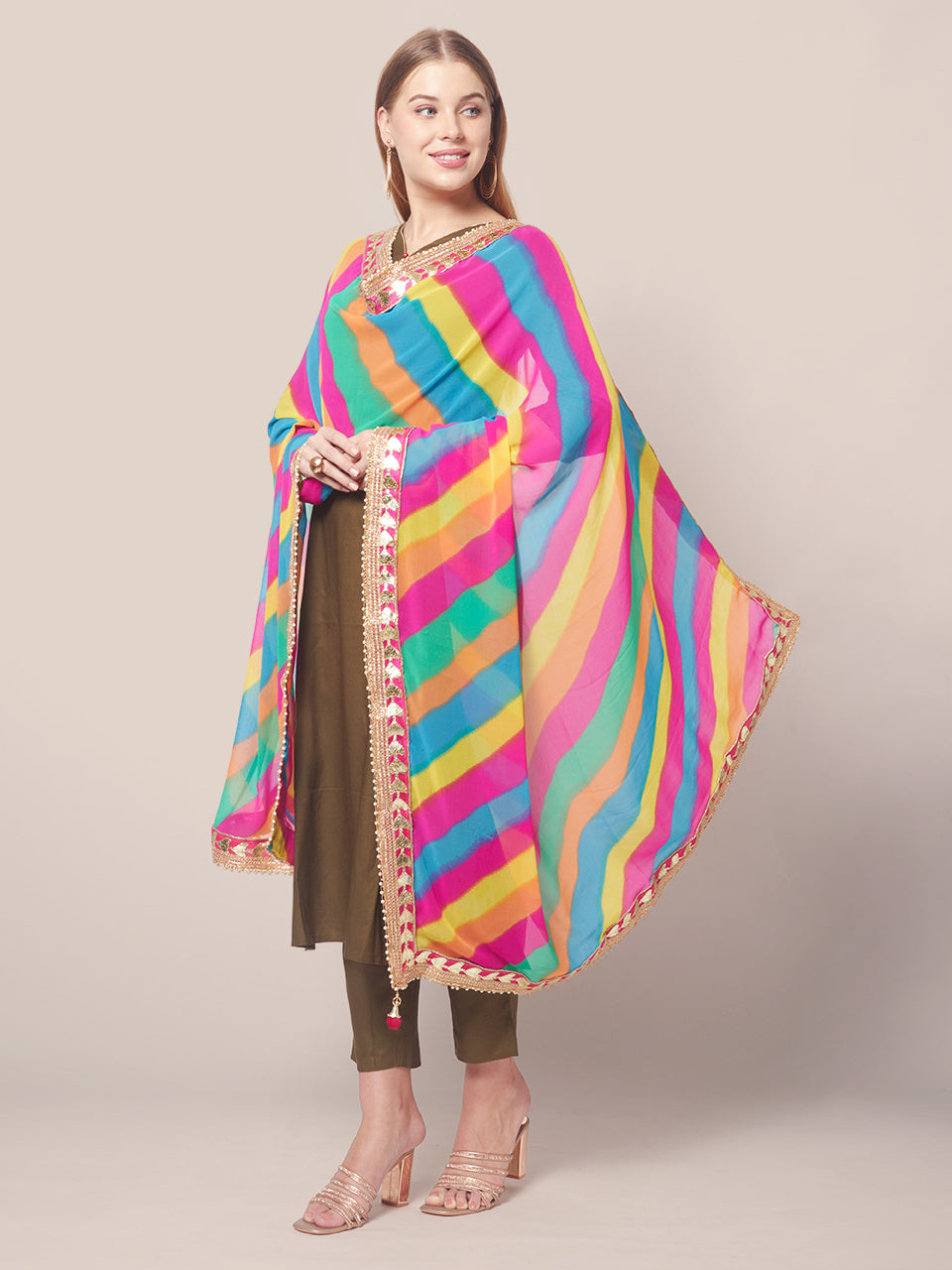 Georgette dupatta with Multi Colour Stripes and Gotta Patti border freeshipping - Dupatta Bazaar