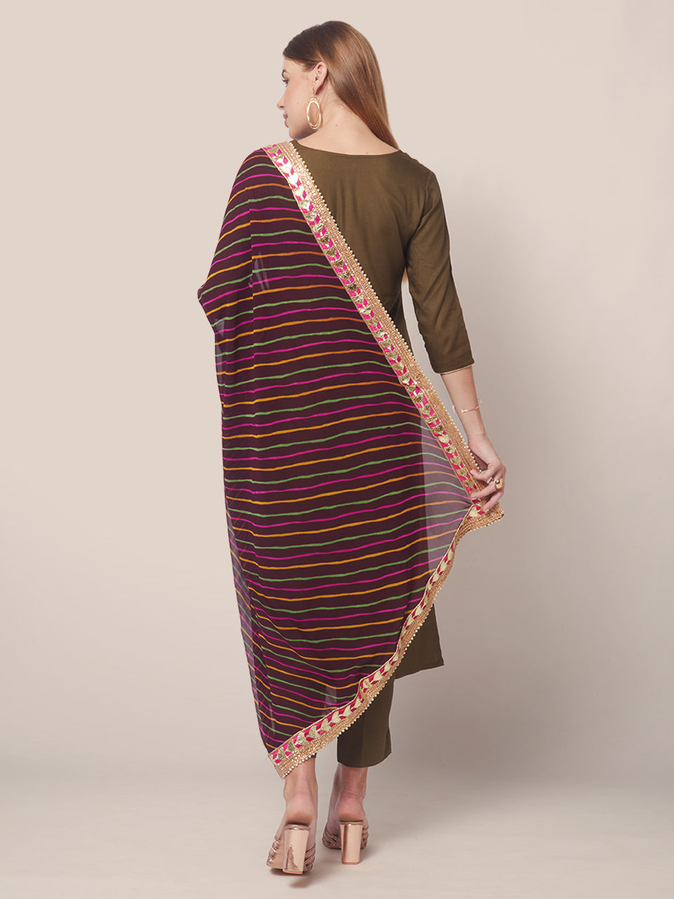 Georgette dupatta with Multi Colour Stripes  and Gotta Patti border freeshipping - Dupatta Bazaar