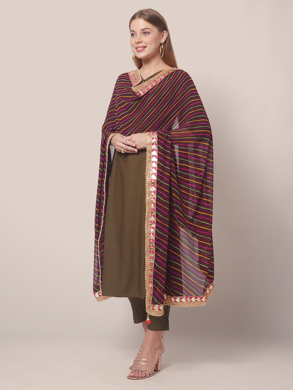 Georgette dupatta with Multi Colour Stripes  and Gotta Patti border freeshipping - Dupatta Bazaar