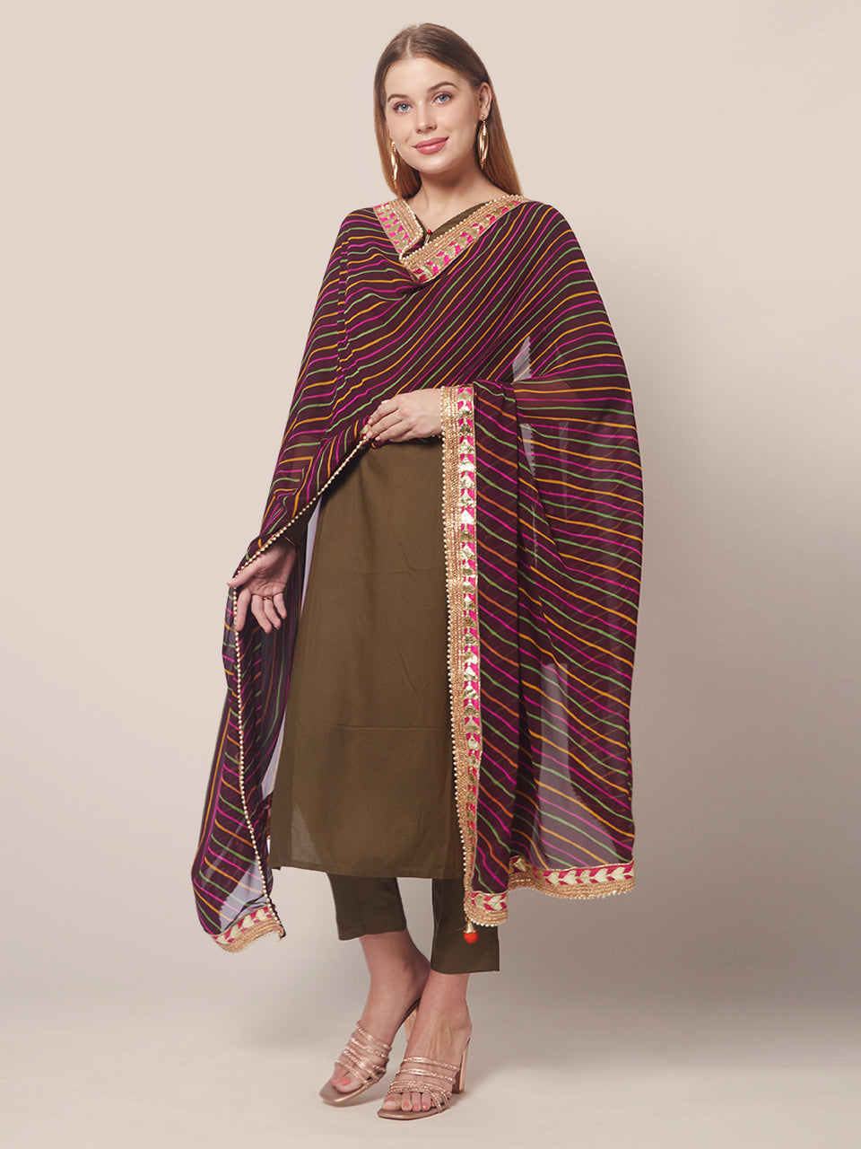 Georgette dupatta with Multi Colour Stripes  and Gotta Patti border freeshipping - Dupatta Bazaar