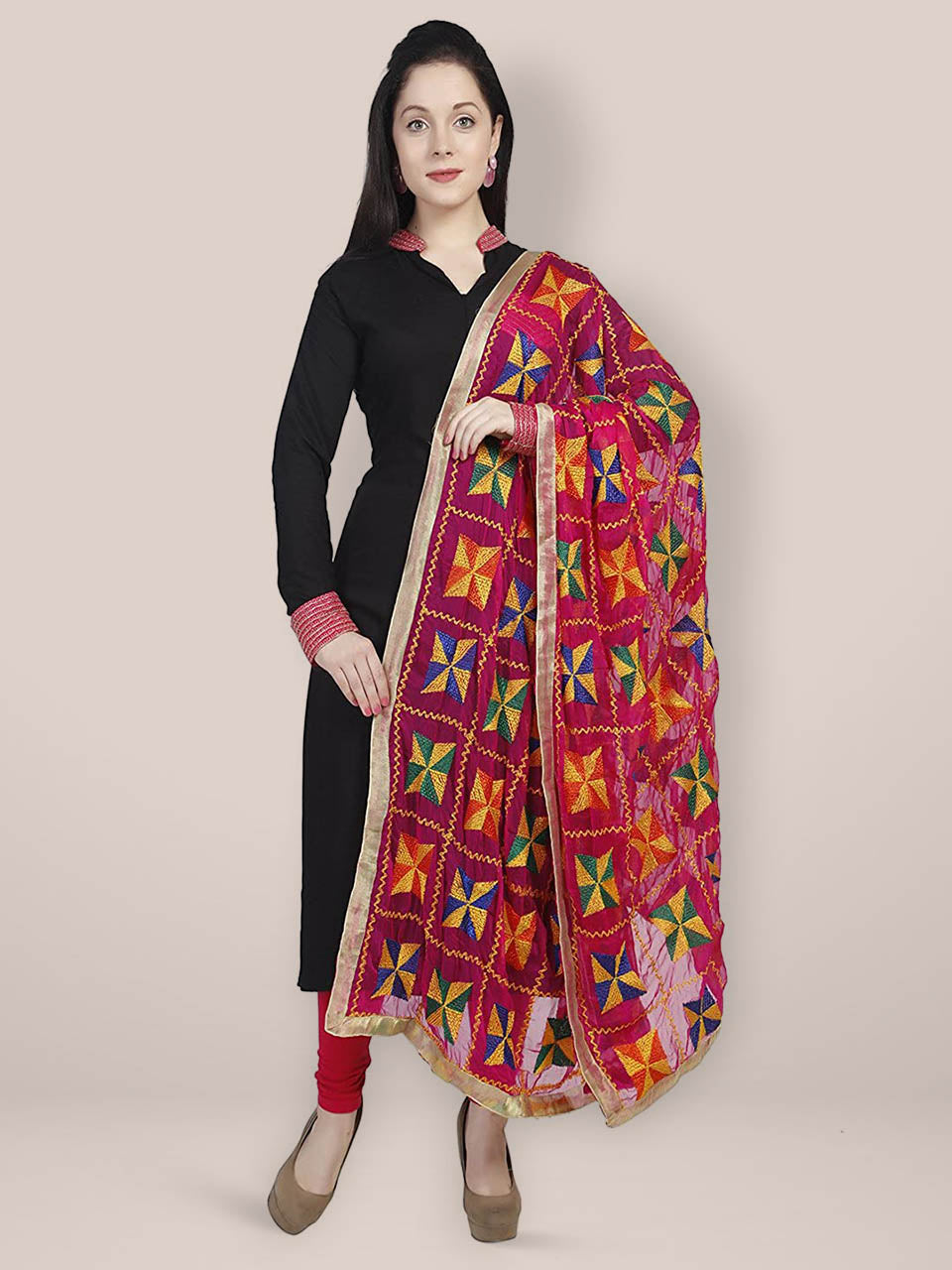 Magenta Chiffon Phulkari Dupatta freeshipping - Dupatta Bazaar