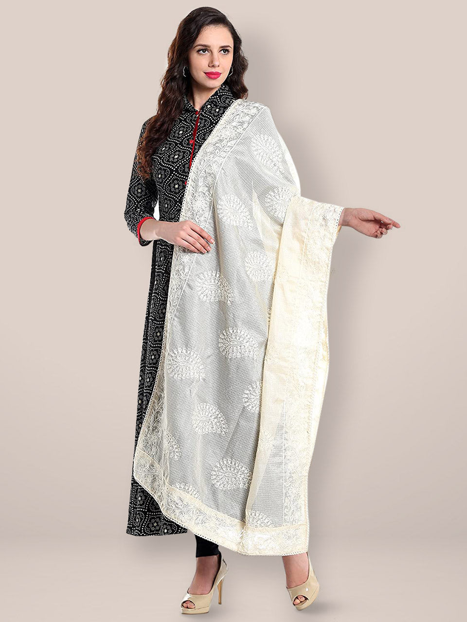Ivory Embroidered  Cotton Kota Doria dupatta freeshipping - Dupatta Bazaar