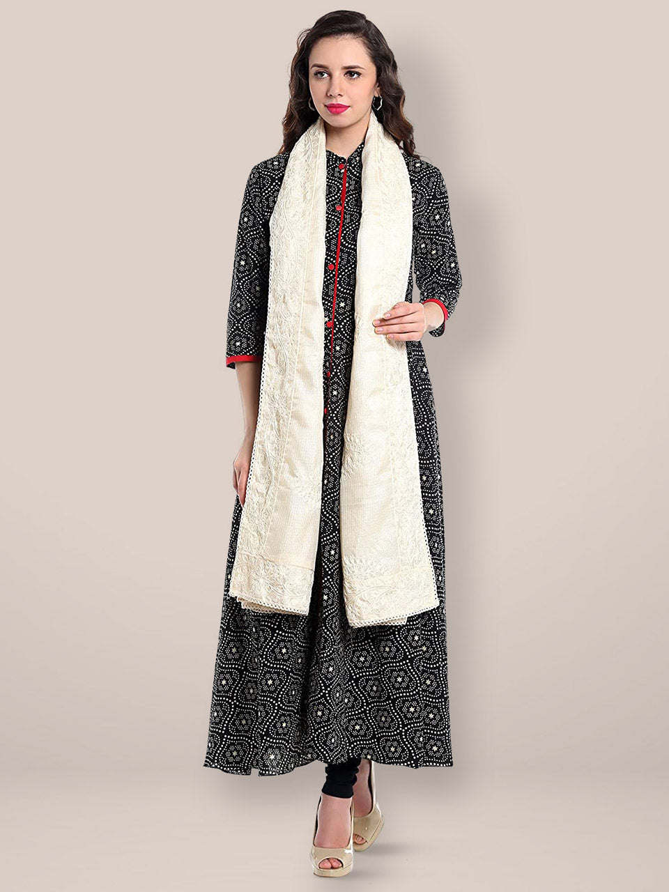 Ivory Embroidered  Cotton Kota Doria dupatta freeshipping - Dupatta Bazaar