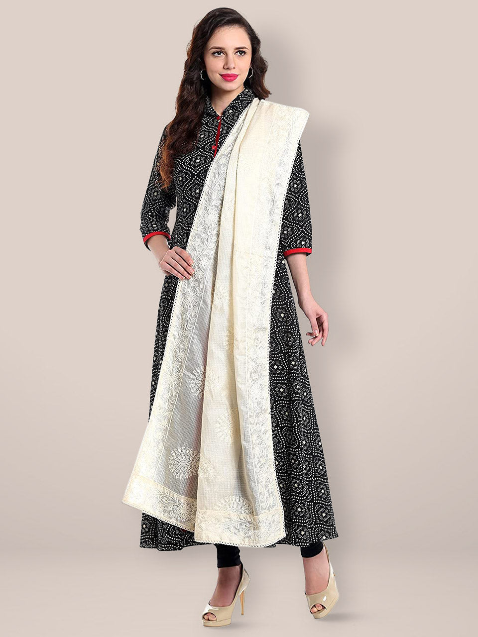 Ivory Embroidered  Cotton Kota Doria dupatta freeshipping - Dupatta Bazaar