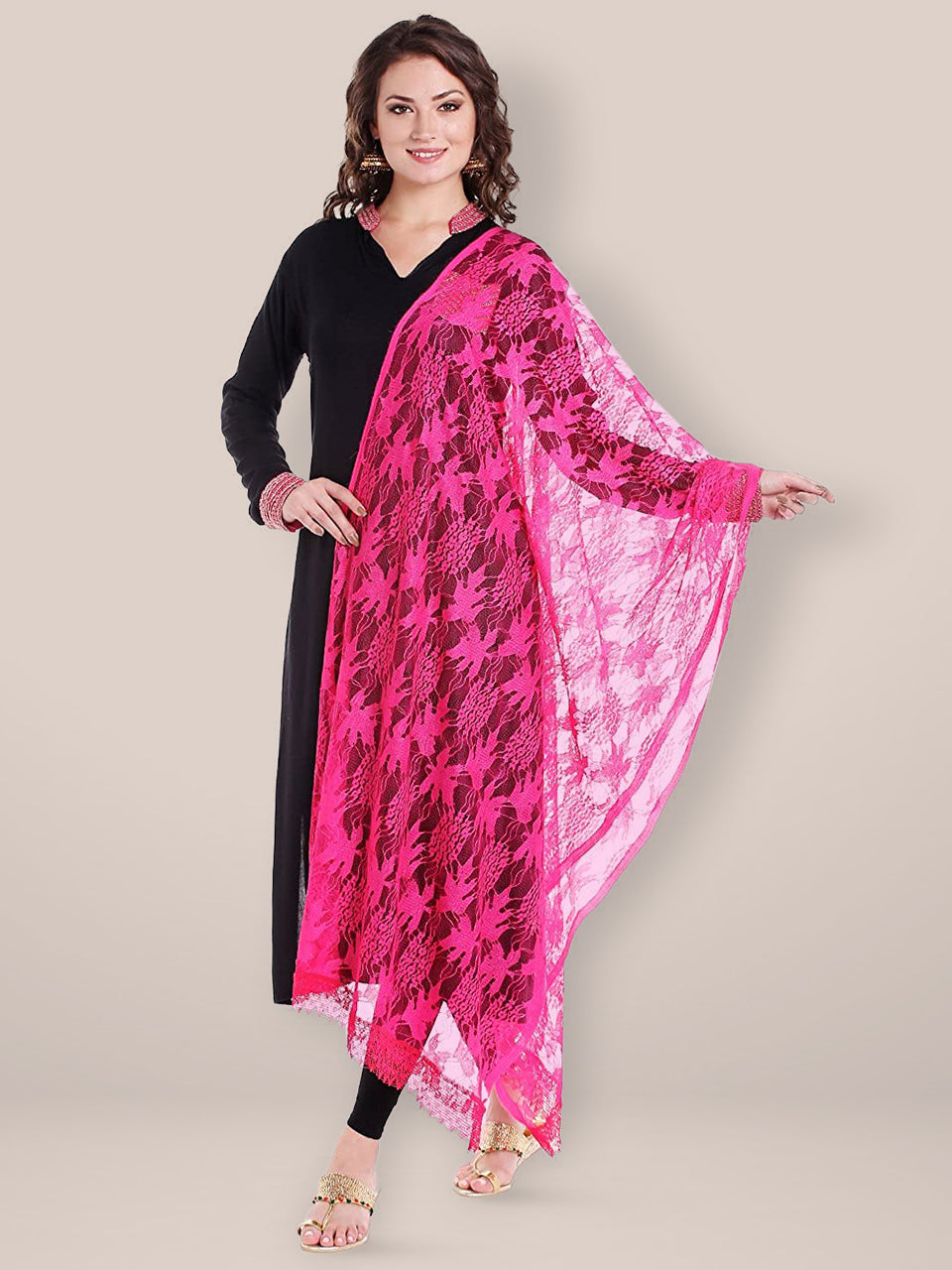 Pink Floral Net Dupatta freeshipping - Dupatta Bazaar