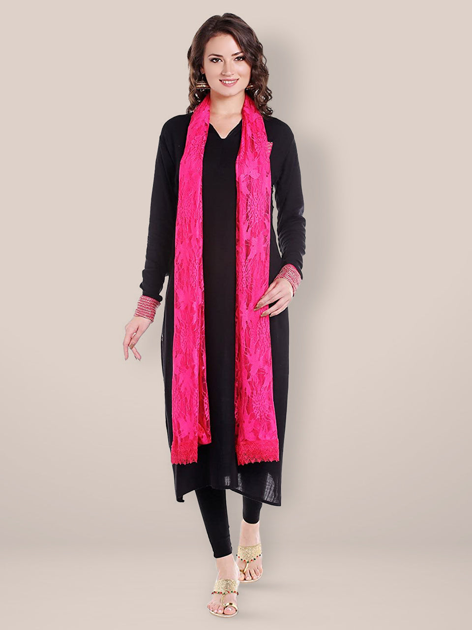Pink Floral Net Dupatta freeshipping - Dupatta Bazaar
