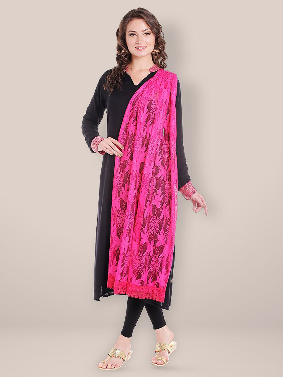 Pink Floral Net Dupatta freeshipping - Dupatta Bazaar