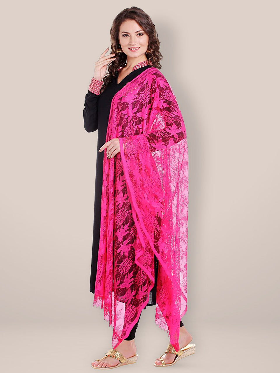 Pink Floral Net Dupatta freeshipping - Dupatta Bazaar
